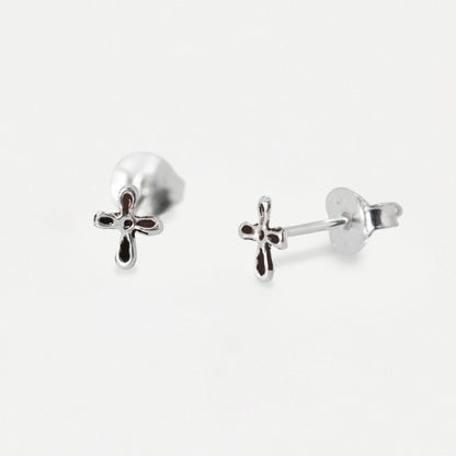 Silver Tiny Cut Out Cross Stud Earrings
