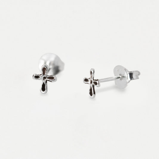 Silver Tiny Cut Out Cross Stud Earrings