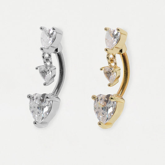 316L Steel & Gold PVD Triple Crystal Heart Belly Bar