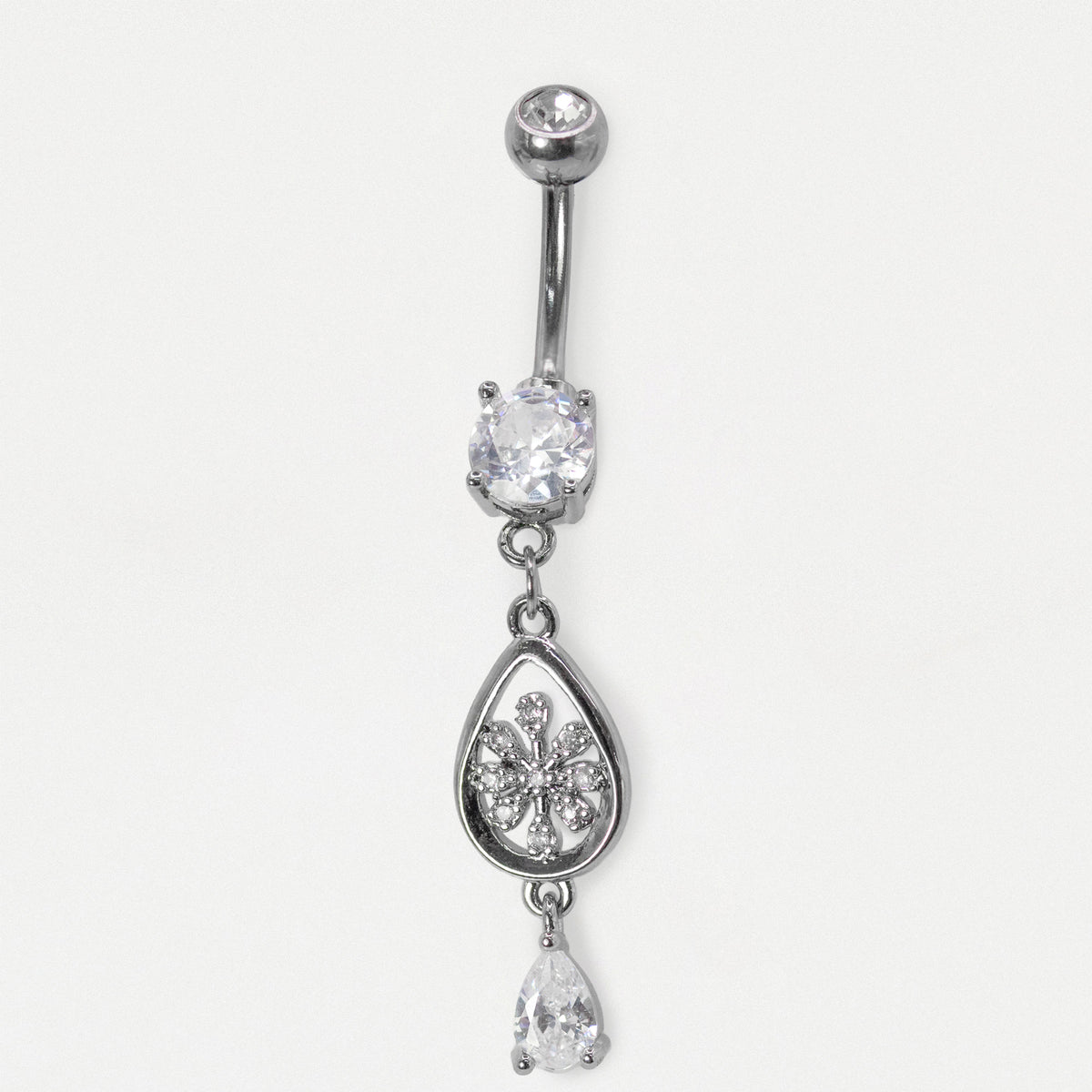 Steel Filament Teardrop Floral Dangle Belly Bar